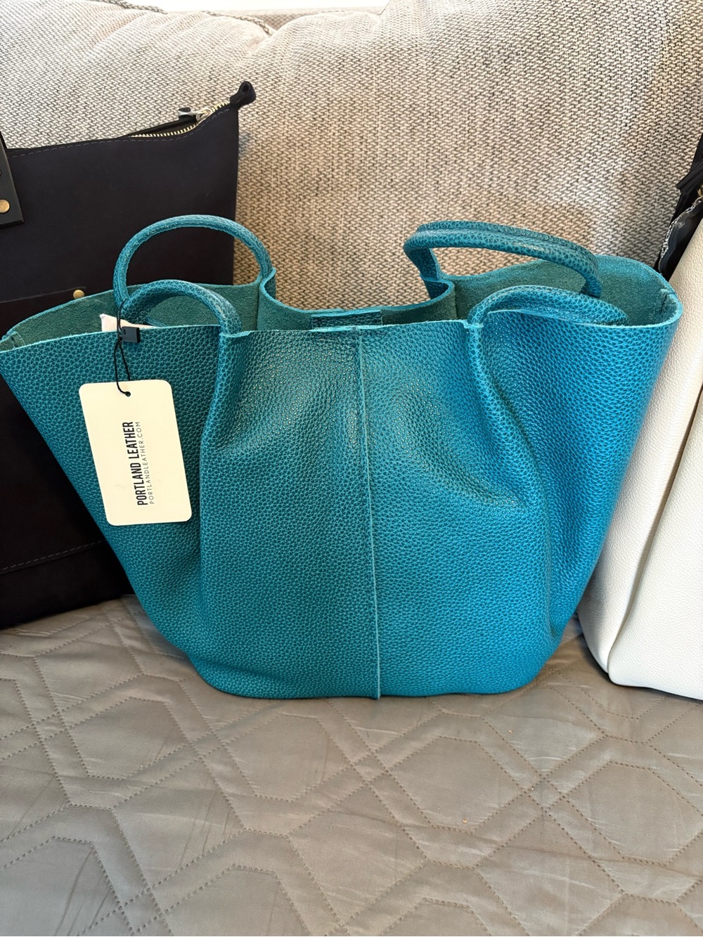 Portland Leather of goods, large Devon bucket tote, Aquarius NWT